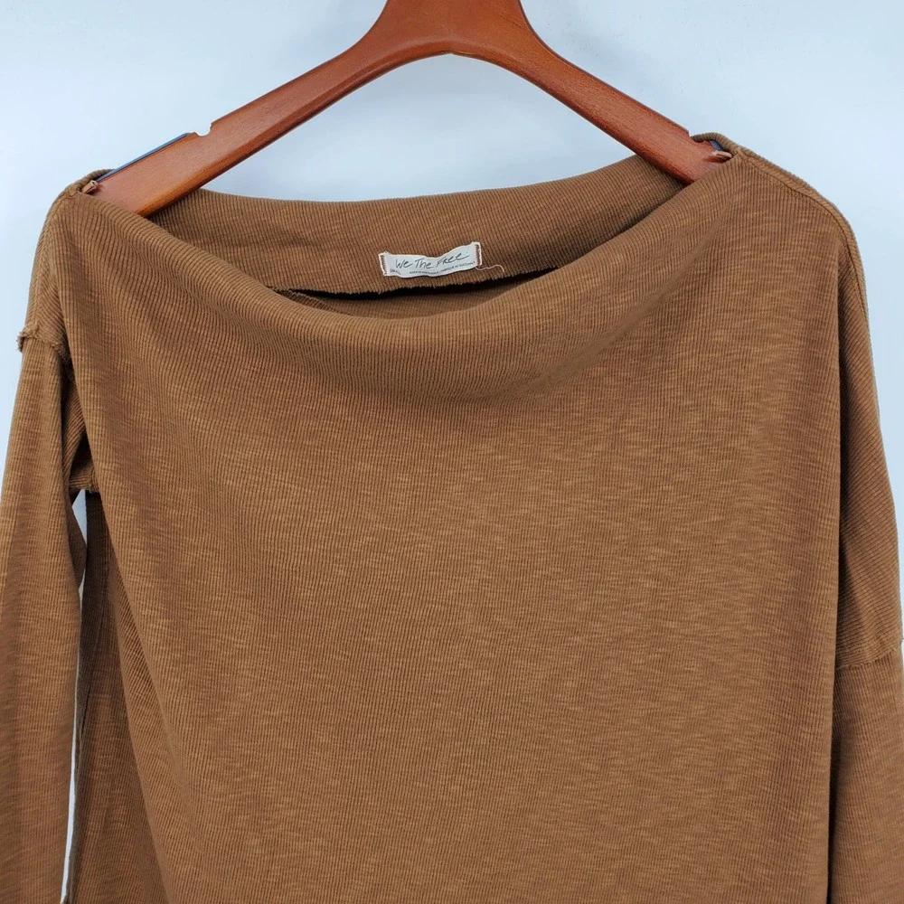We The Free Free People Brown Ribbed Boat Neck Long Sleeve Shirt S Boho Earthy